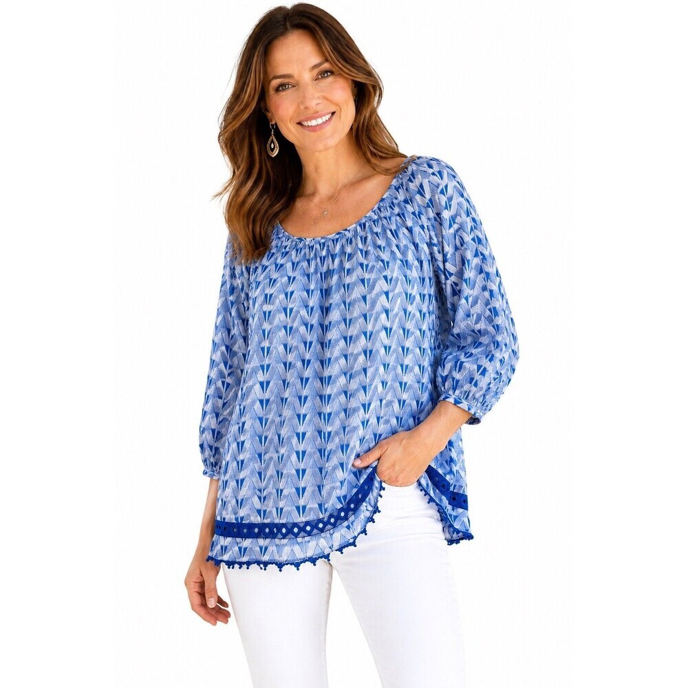 Blue Geometric 100% Cotton Peasant Top Womens Medium Boho Eyelet Trim 3/4 Sleeve